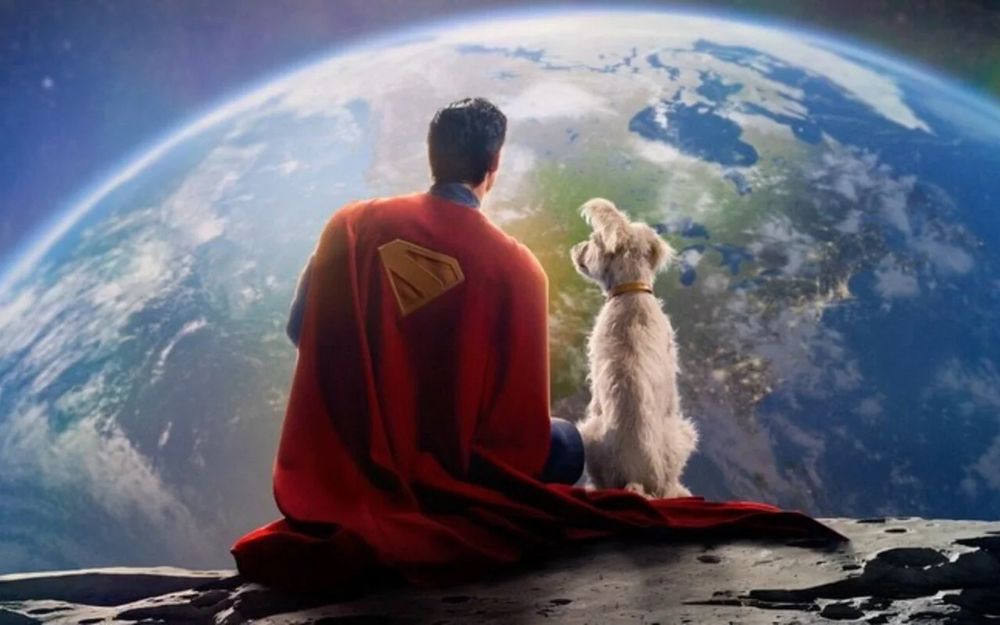 Superman on the moon with his dog Krypto both looking at Earth.