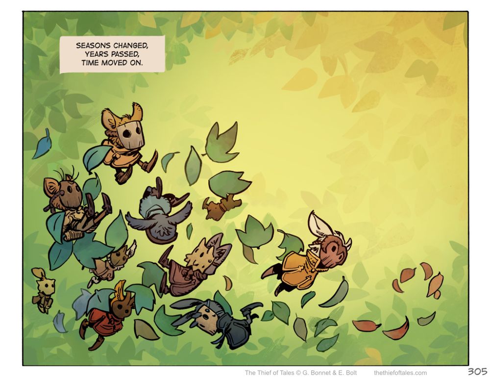 Comic page featuring a full-page illustration of little flying critters, with wooden masks, tumbling through the page. The page implies that time has passed. 