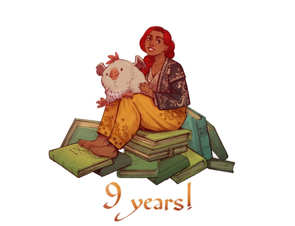 Drawing of the main character, Nevhna, sitting on a pile of books. She has a creature from the comic on her lap, a made-up mashup of a chicken and a marshmallow (not really, but that's what it looks like!). There's text on the bottom that says "9 years!"