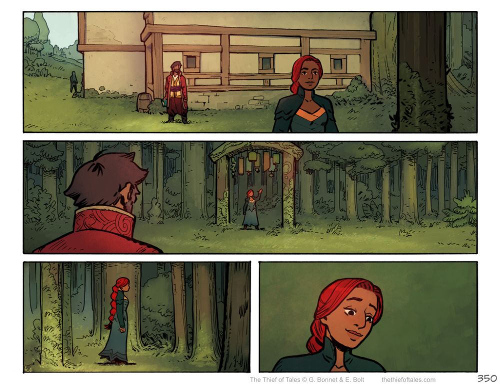 Comic page. In the first panel, Nevhna walks away from Elouan, towards the forest. Second panel, she turns around at the gate to the forest to wave back at her friend. The third panel has her walking in the forest, alone. In the fourth and last panel, she looks lovingly as someone or something that is off-panel, that we can't see (yet). 
