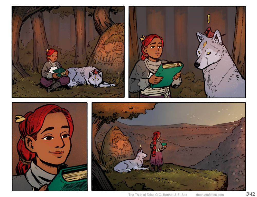 Comic page featuring the main character, Nevhna, with the wolf (Storm Crown) and the cardinal (Herald). Nevhna holds up a different book than the one we've seen her with before. She smiles, gets up and then looks at the horizon, where the sun is setting. 