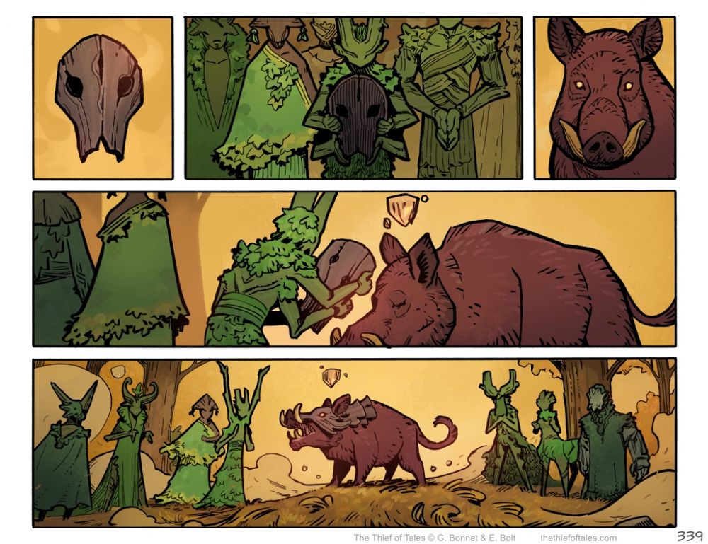 A comic book page in which a boar is offered a wooden mask by a group of strange, tree-like humanoids. They celebrate. 