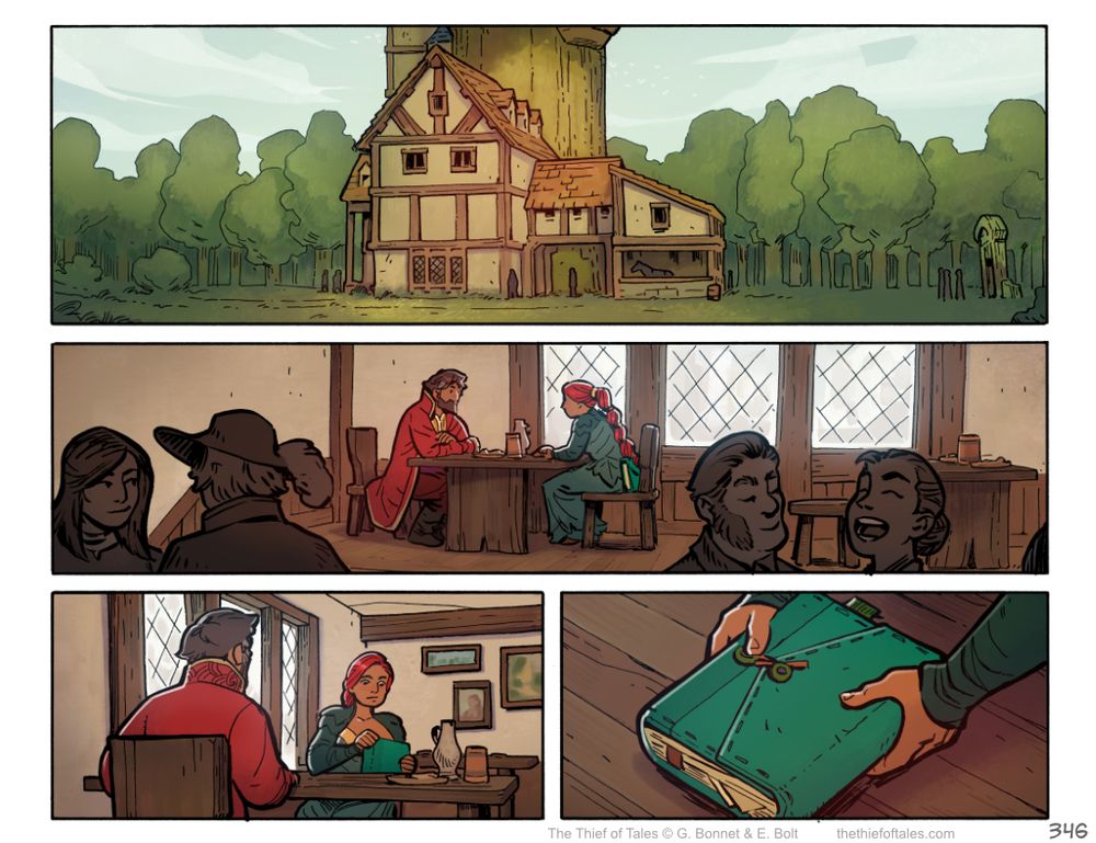 Comic page, featuring an establishing shot on an inn built within a huge tree. We see inside the inn, where patrons have gathered, and where Nevhna is sitting with Elouan. They are both seated at a table and seem to be talking, though there's no text. Nevhna takes out a book with a teal cover and places it on the table.