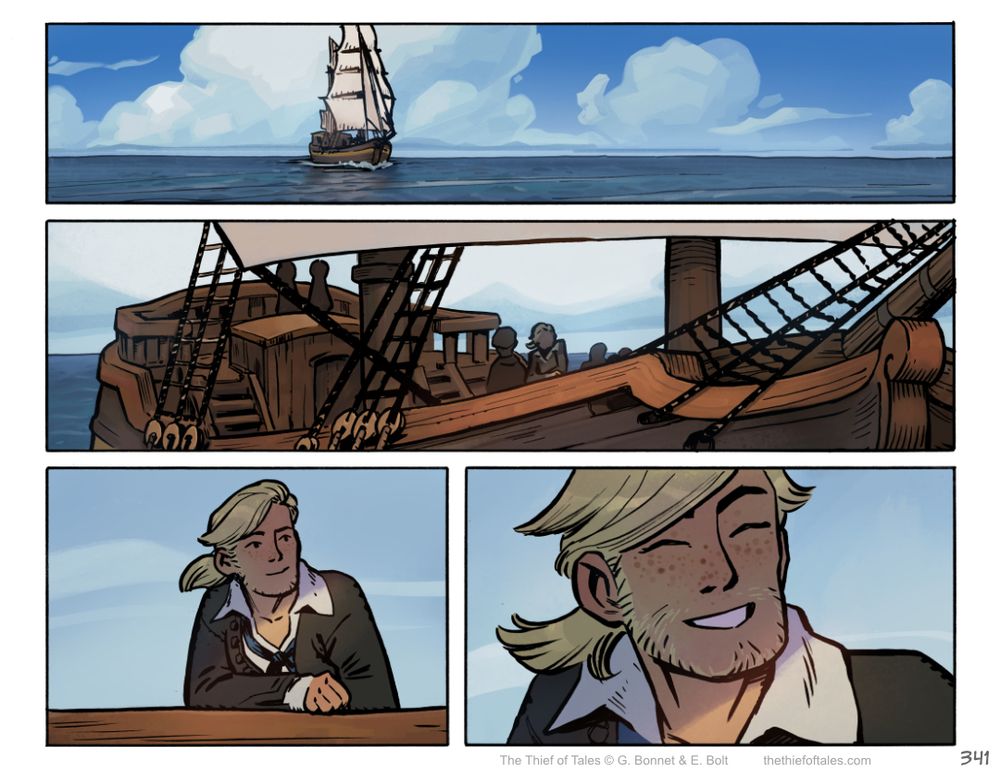 Comic page of the Prince character, dressed in sailor clothes with longer hair. He's on a boat, looking out to the sea, with a happy expression. 