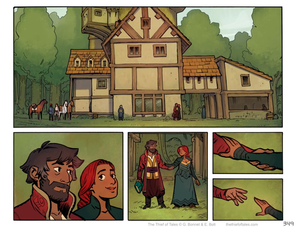 We see the inn from the outside. Both Nevhna and Elouan are standing outside, and they part way. 