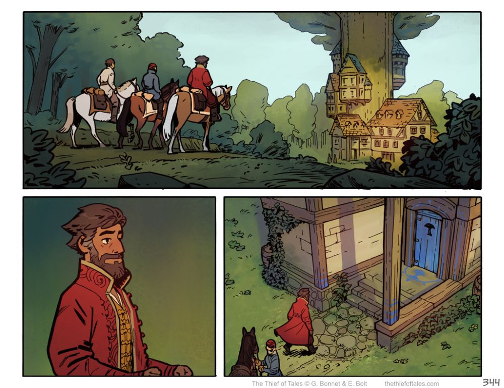 Comic page with three panels. It shows the arrival of three figures on horseback to the inn near the Forest. One of the person is familiar, it's Nevhna's old friend Elouan. He has aged a bit, there's a grey streak in his hair. He dismounts and walks to the inn's door. 