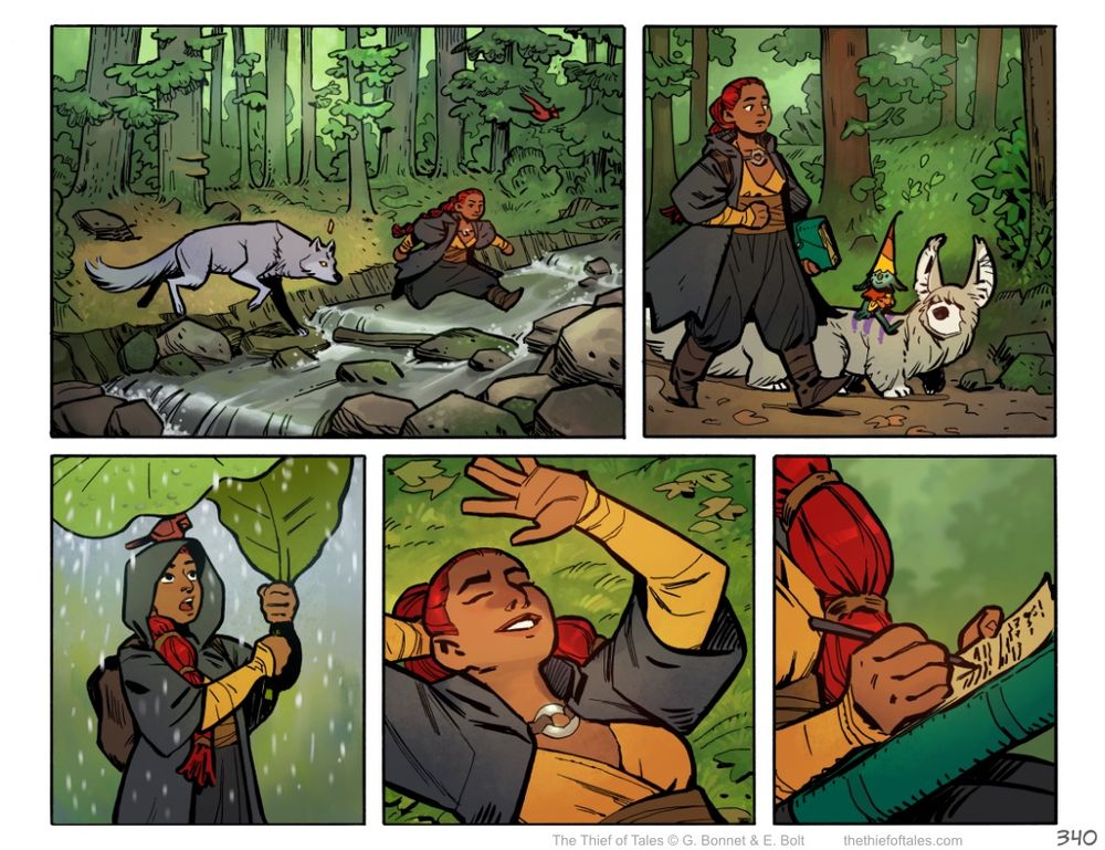Comic page of the protagonist, Nevhna, walking through the forest. It's presented as a montage and shows snapshots of her adventures. 