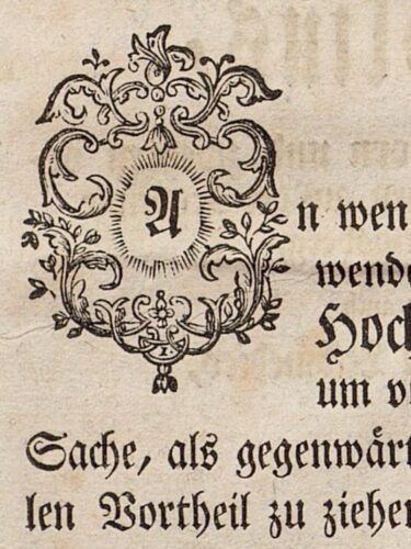 Schmuckinitiale “A” in Kants “Gedanken von der wahren Schätzung der lebendigen Kräfte”, 1746