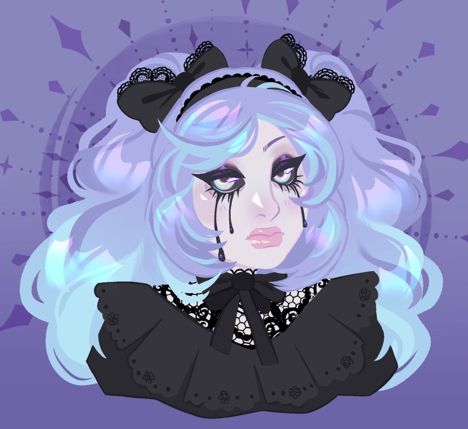 a bust drawing of an undead ghost girl with lilac and blue hair, gothic lolita clothing