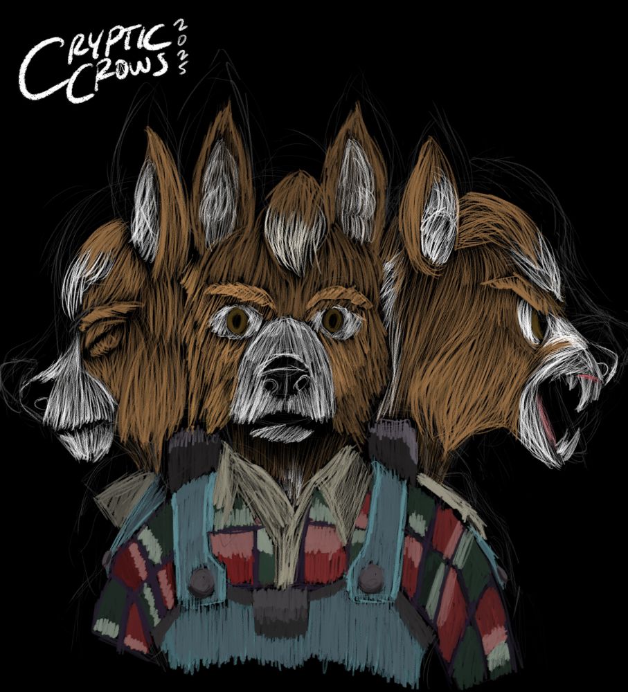 A chiaroscuro experimental illustration of Raltia's OC Darla. Darla's bust, mostly her face, shown in three states. Front on is neutral, more concerned.  One side is in disrepair, and the other side is enraged.  These represent the anger and darkness that Darla has had to push down over a long life, frequently losing. Dressed in her usual clothing, the flannel and body armor she is depicted in.