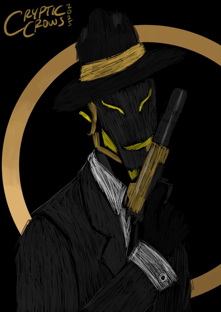 A chiaroscuro experimental illustration of Roswell from Return-0 doing a James Bond pose, holding a gun with it brushing his cheeks.