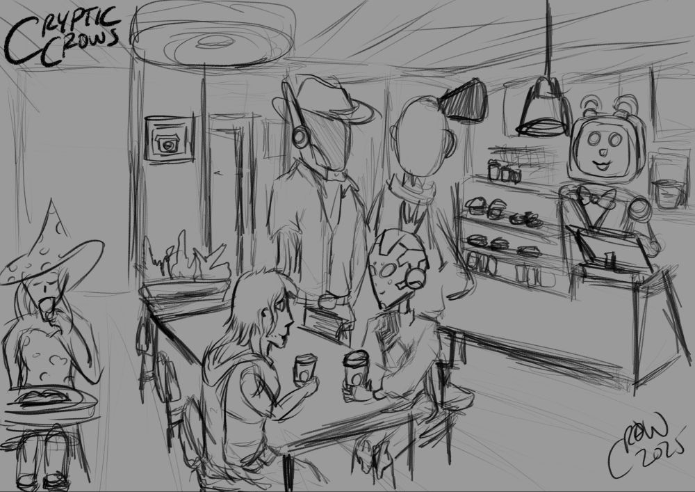 A sketch of SapMelon's Cafe including some guests from many people's OCs