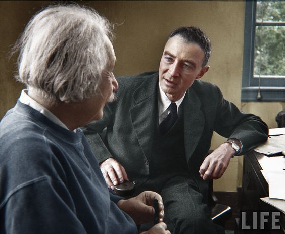 A photograph (colorized) of A. Einstein and R. Oppenheimer having a conversation at Einstein's office in Princeton, N.J, ca. 1947.