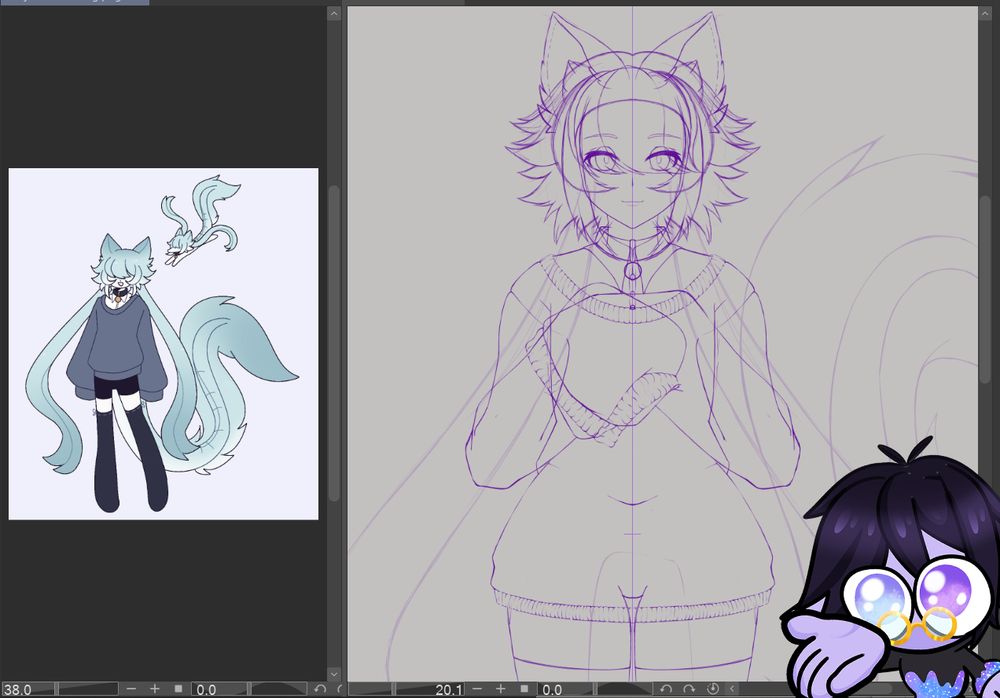 A screen shot of Pancake's CSP program with a character reference on the left half and a VTuber model sketch on the right. The character is white with teal/soft green accents and they have a matching lil companion. The sketch is rather messy and shows a rough WIP of the character with their arms up to hold something.