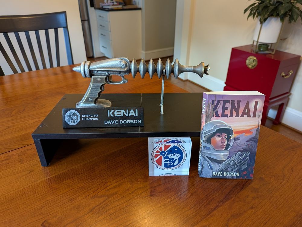 Ray gun trophy for the 3rd SPSFC competition, showing my winning book, Kenai.