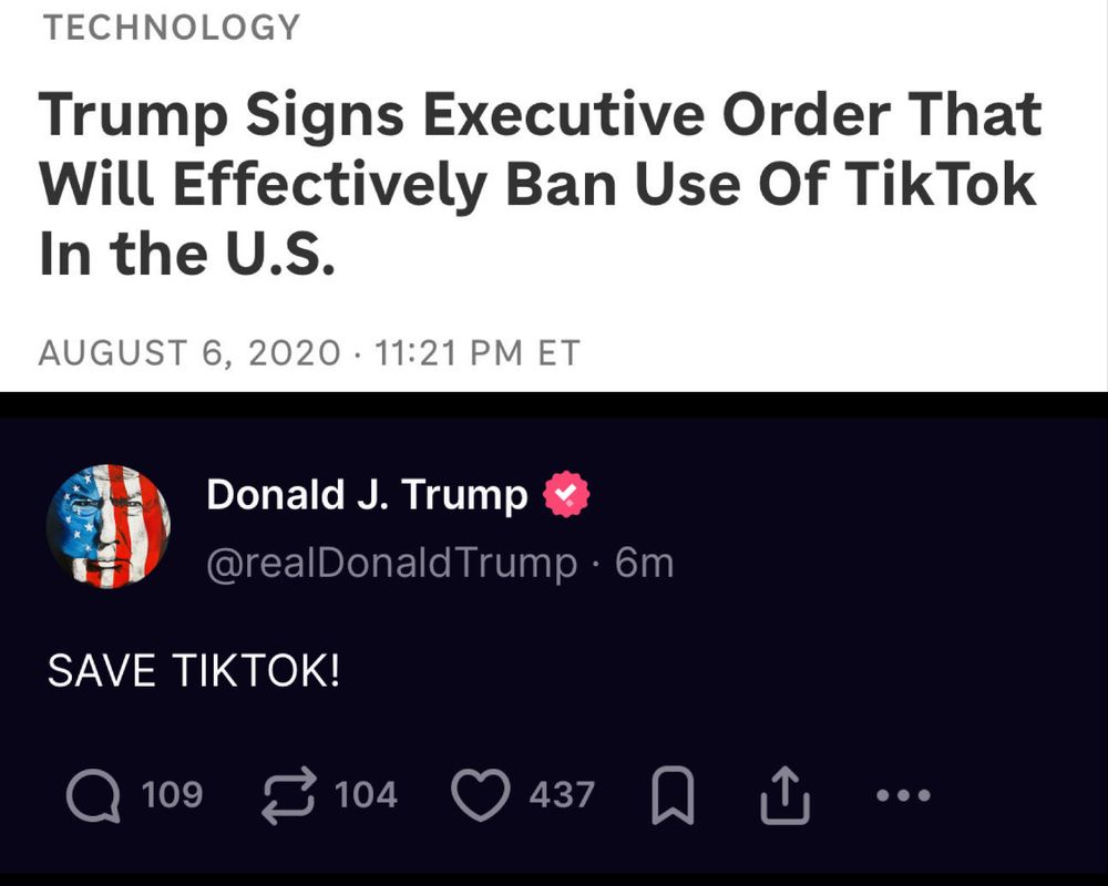 Juxtaposition of a news article from 2020 about Trump banning til tok and a recent Truth social post from him saying save TikTok 