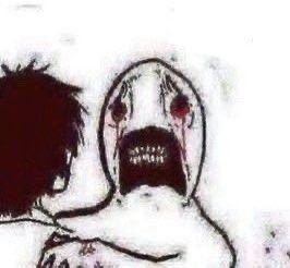 Husk of a man, bleeding from his eyes, clenched teeth visible in the depths of his gaping maw, furiously clamps down on the shoulder of another person, veins bulging from the strain