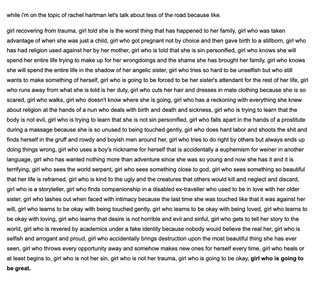 long rant about tess from rachel hartman's novel tess of the road. please dm for actual text as the rant in the image is very long and will not fit in an image id