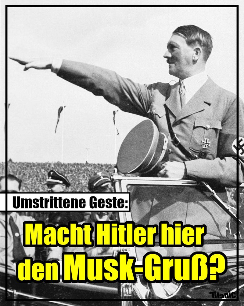Text: Umstrittene Geste: Macht Hitler hier den Musk-Gruß? 
Bild: Hitler bei Auftritt macht den Hitlergruß
