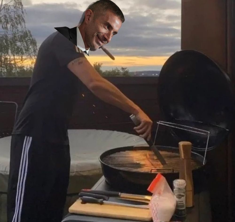 Bad (on purpose) photo montage of Berta's head on Edu's body while barbecuing (iconic photo)