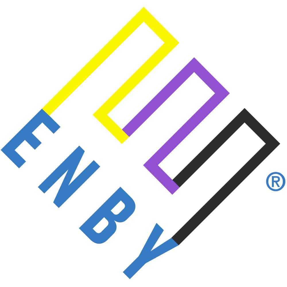 "ENBY", in the style of the Enron logo, with the nonbinary pride flag colors.