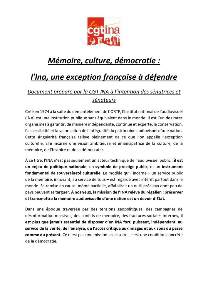 Présentation de l’INA comme une institution publique unique au monde, garante de la mémoire audiovisuelle française, pilier de la culture et de la démocratie, aujourd’hui menacée par une réforme gouvernementale.