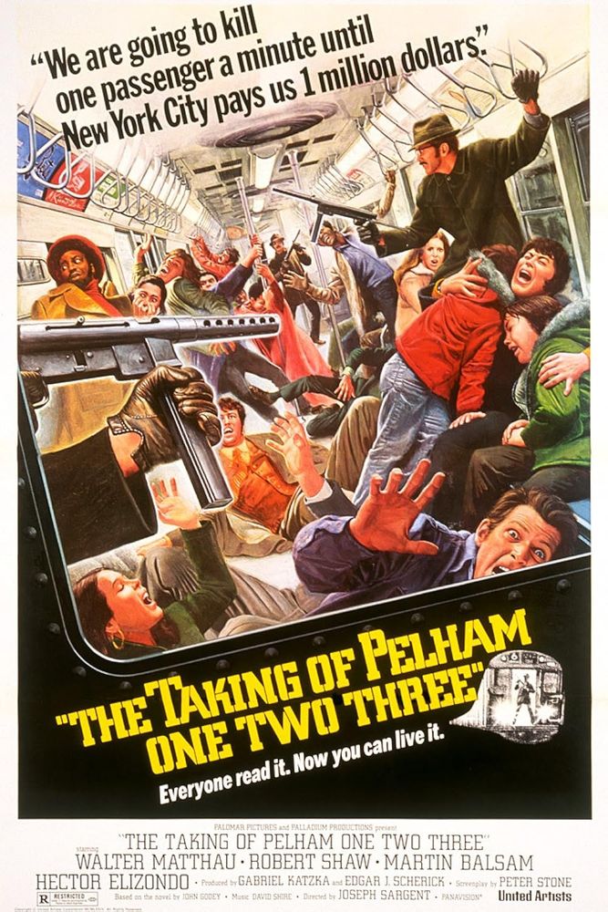 Poster for 1974 film Taking of Pelham 123. We see through a subway carriage window, a car full of passengers being held up by a man out of view who is wielding a machine gun