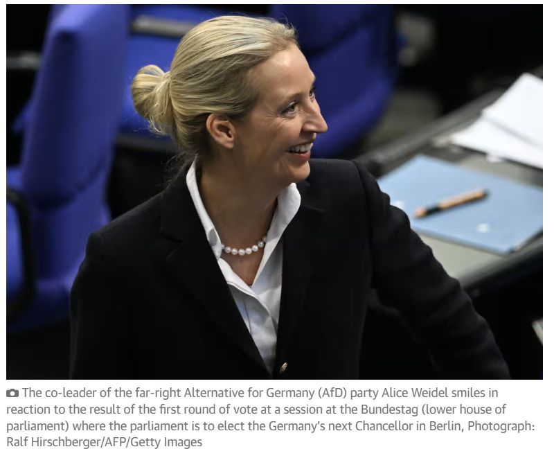 The co-leader of the far-right Alternative for Germany (AfD) party Alice Weidel smiles in reaction to the result of the first round of vote at a session at the Bundestag (lower house of parliament) where the parliament is to elect the Germany’s next Chancellor in Berlin, Photograph: Ralf Hirschberger/AFP/Getty Images
