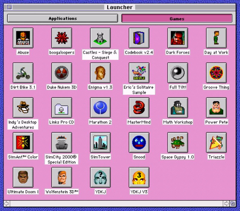 Apple System 7 Launcher showing old Mac games installed, including Dark Forces, Duke Nukem 3D, Marathon 2, Power Pete, SimAnt, SimCity 2000, SimTower, Snood, Doom and Wolfenstein 3D.