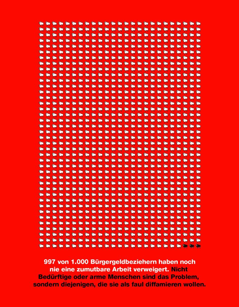 Abbildung: Grafik, die 1.000 stilisierte Schafe zeigt. 997 sind weiß, drei schwarz.

Text: "997 von 1.000 Bürgergeldbeziehern haben noch nie eine zumutbare Arbeit verweigert. Nicht Bedürftige oder arme Menschen sind das Problem, sondern diejenigen, die sie als faul diffamieren wollen."

Quelle: Unbekannt.
