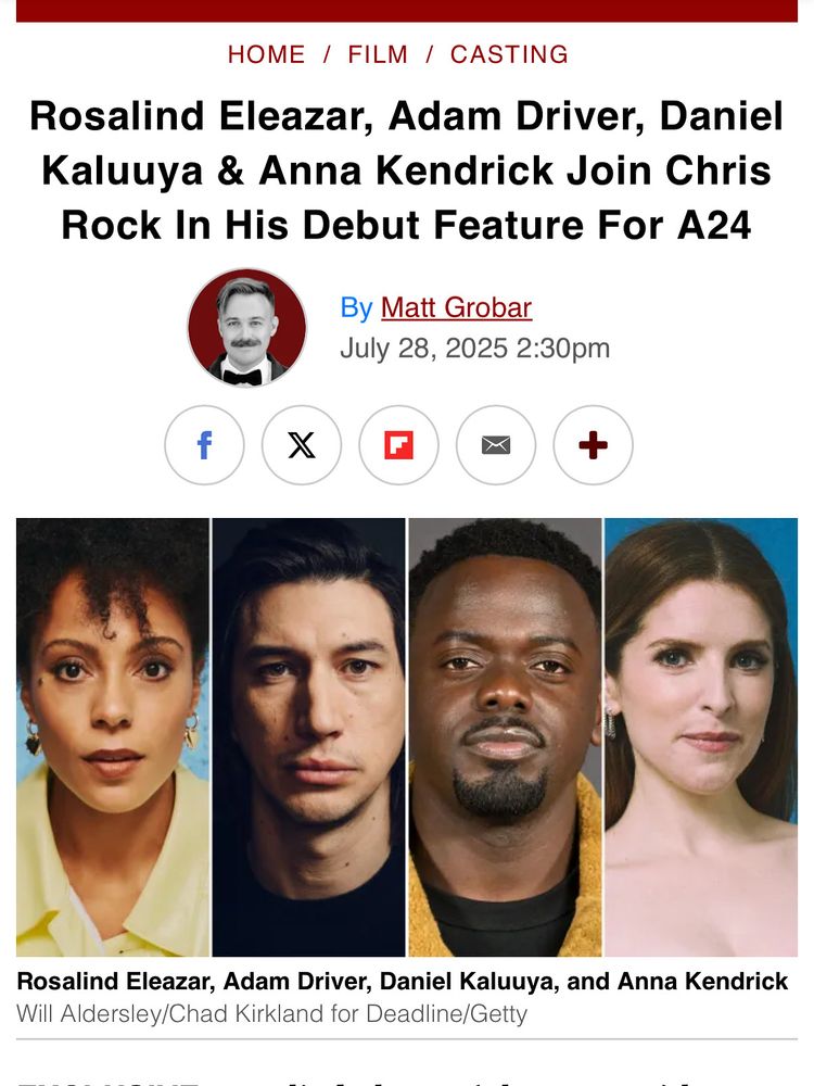 NEWS! Adam Driver joins Chris Rock In His Debut Feature For A24 “Currently in production in Los Angeles, the film follows Misty Green, a gifted actress with a derailed career until someone from her past offers her a chance at a comeback. Character details for Driver, Kaluuya, and Kendrick are under wraps.”