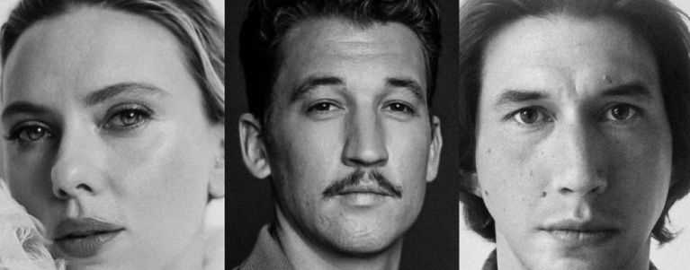 black and white pics of Scarlett Johansson Miles Teller and Adam Driver