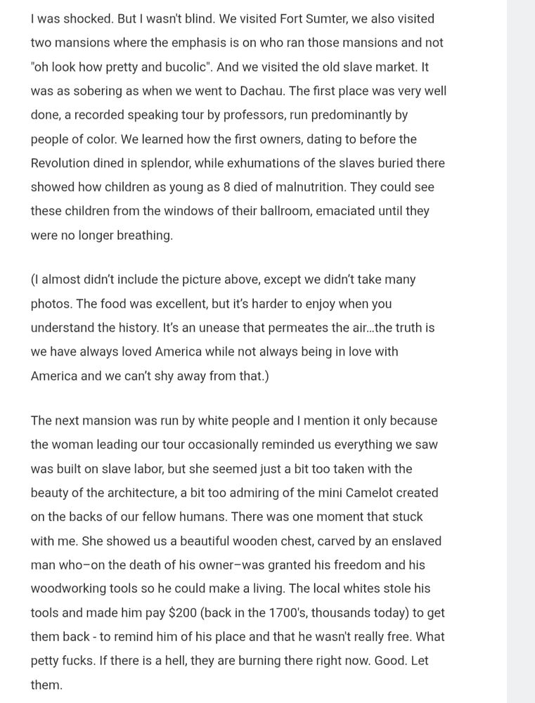 Screenshot from the linked newsletter talking about slavery in Charleston SC