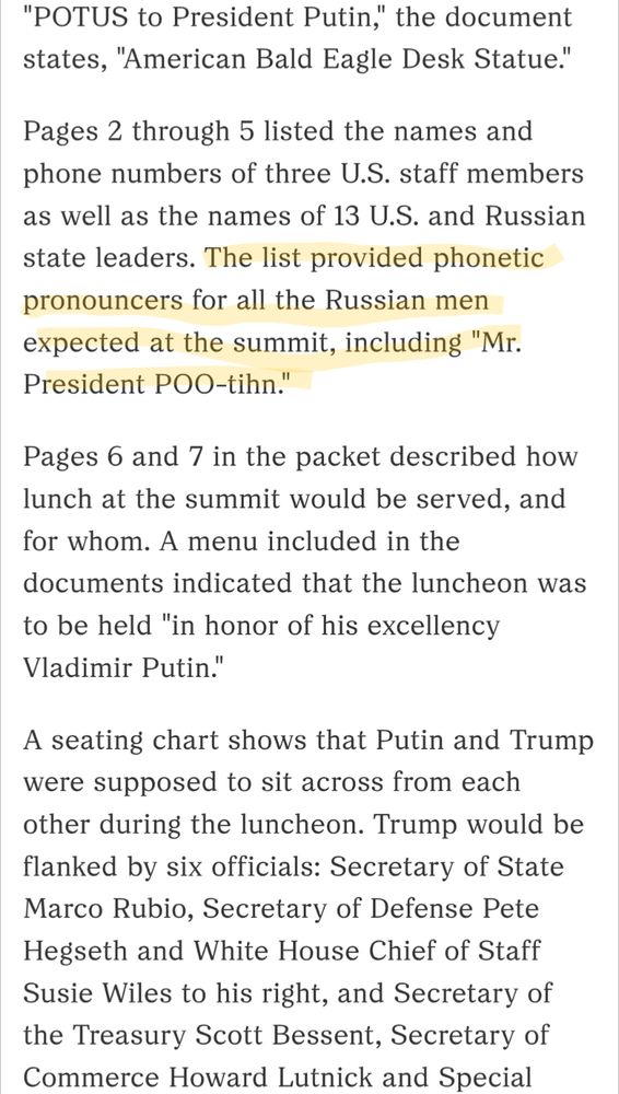 Screenshot of a portion of the article text. Highlighted section reads "The list provided phonetic pronouncers for all the Russian men expected at the summit, including "Mr. President POO-tihn.""