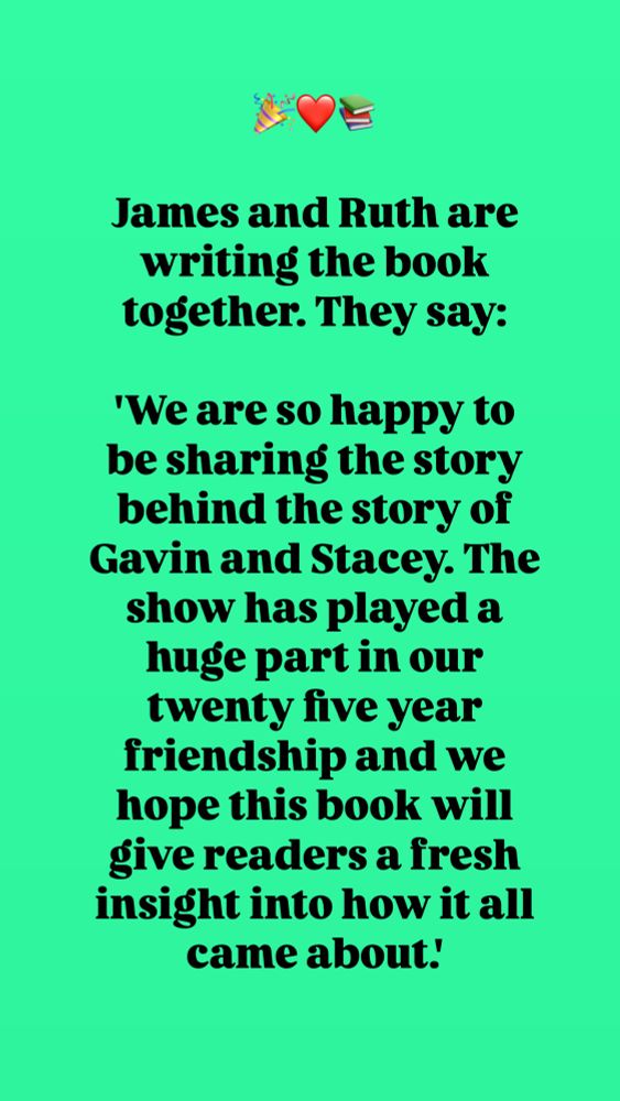 Quote from james Corden and Ruth jones about their excitement for their joint Gavin and Stacey book coming October 2025