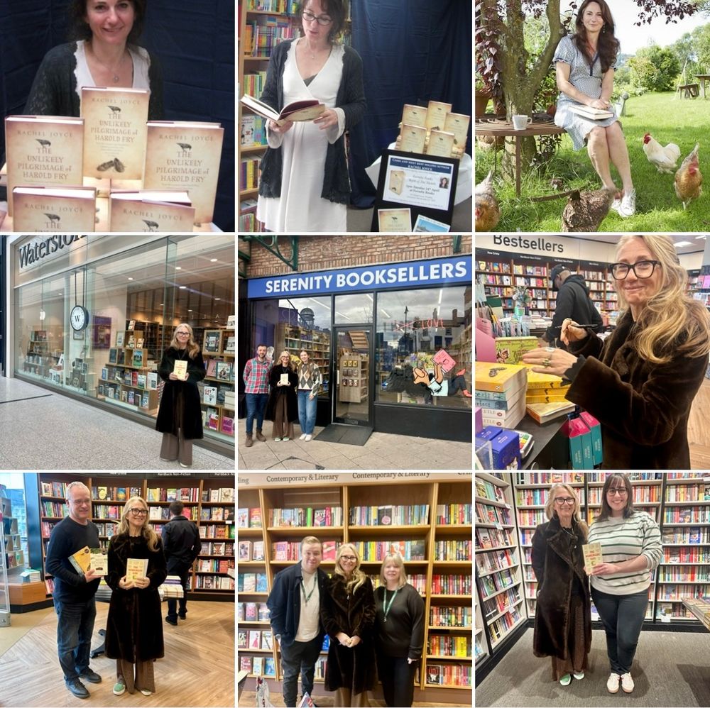 Photographs of bestselling novelist Rachel Joyce visiting Manchester and Liverpool area bookshops with the proof of her upcoming novel The Homemade God 