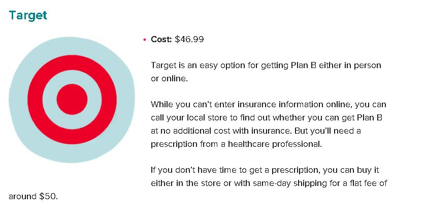 Gif with information on the cost of getting Plan B in person or on line from Target. 