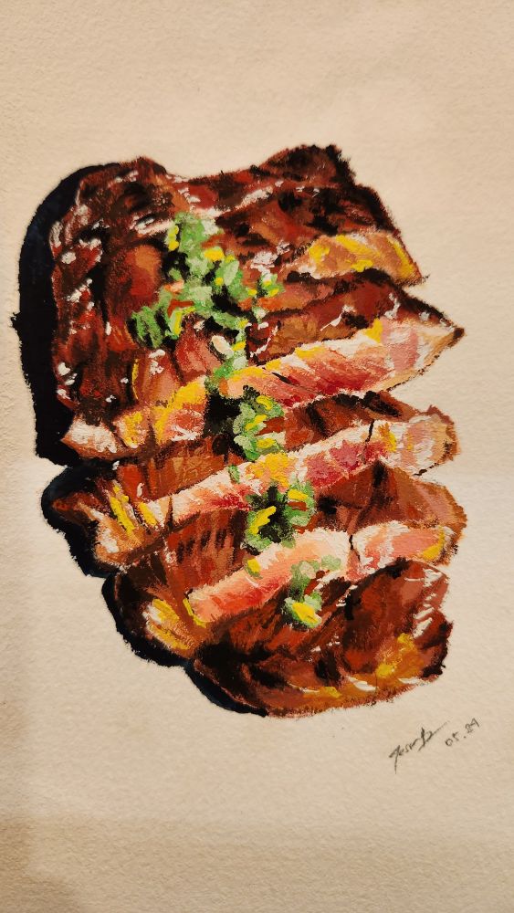 Gouache painting of a chimichurri steak.