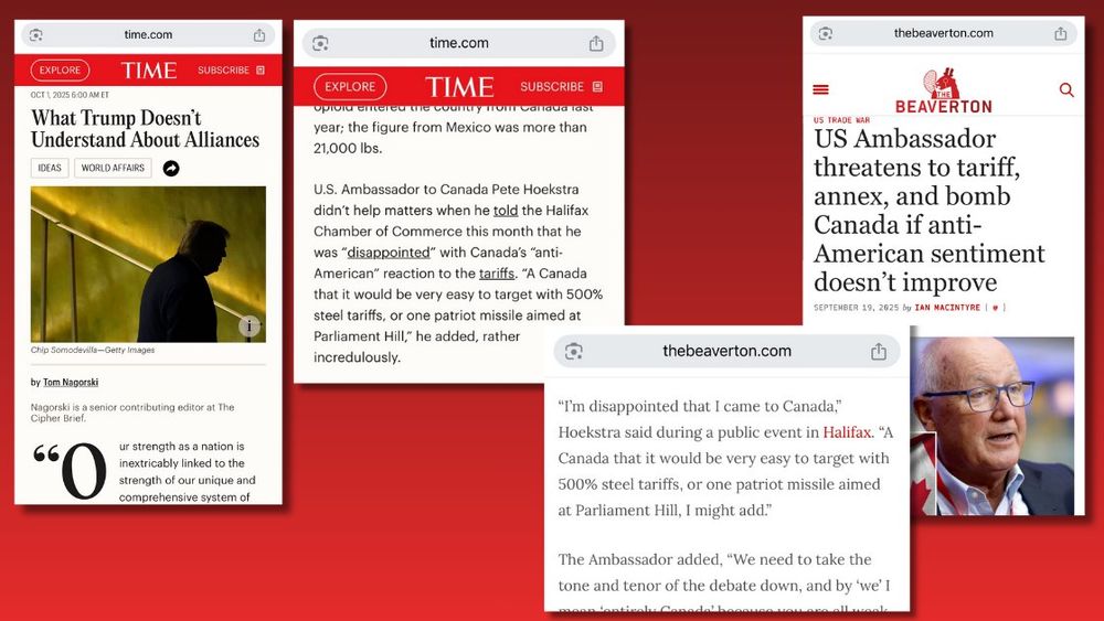 Time quoting a parody article attributing a threat to the Southern Former British North American ambassador. 