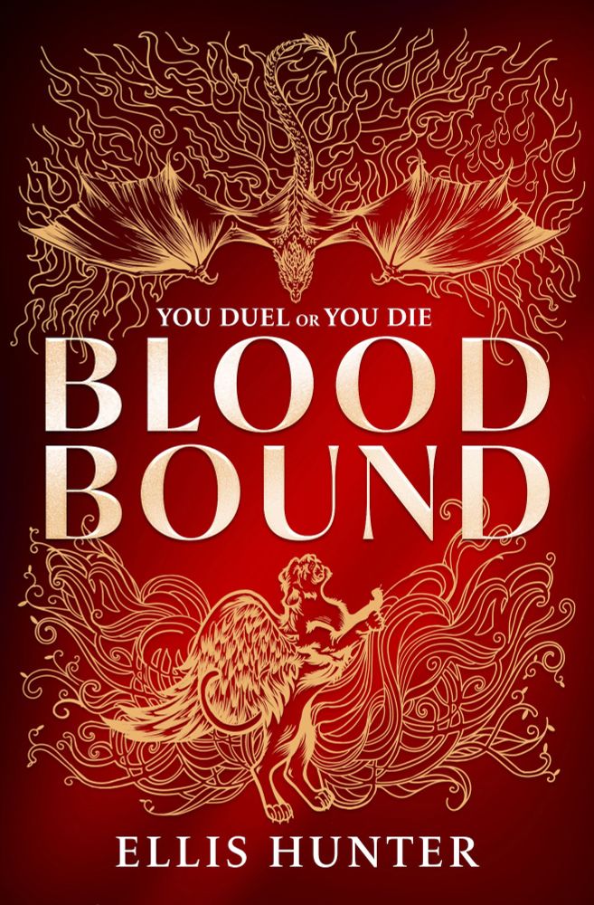 Cover, Blood Bound by Ellis Hunter (April 2026): a dragon dive bombing a winged lion.