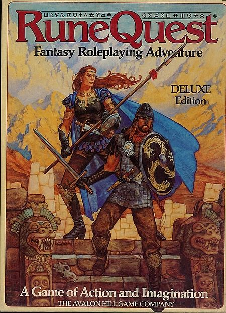 Cover, Deluxe RuneQuest, 3E: A sensibly armoured woman (based on Kate Elliott) holds a spear. She is accompanied by a sensibly armoured man (based on her husband), who holds sword and shield. They are surrounded by ruins and look alert.