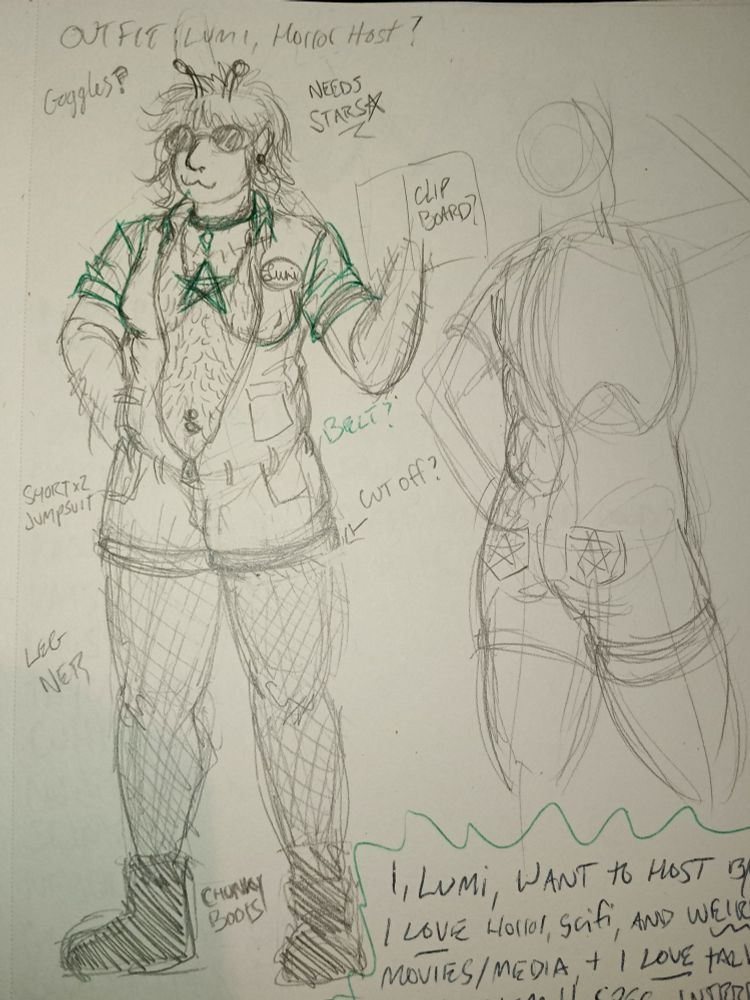 Rough pencil sketch on paper; Lumi (nonbinary, they/them) in human form wearing a jumpsuit with very short legs, rolled up sleeves and front open to below the navel. Underneath are fishnets; there also goggles and boots 