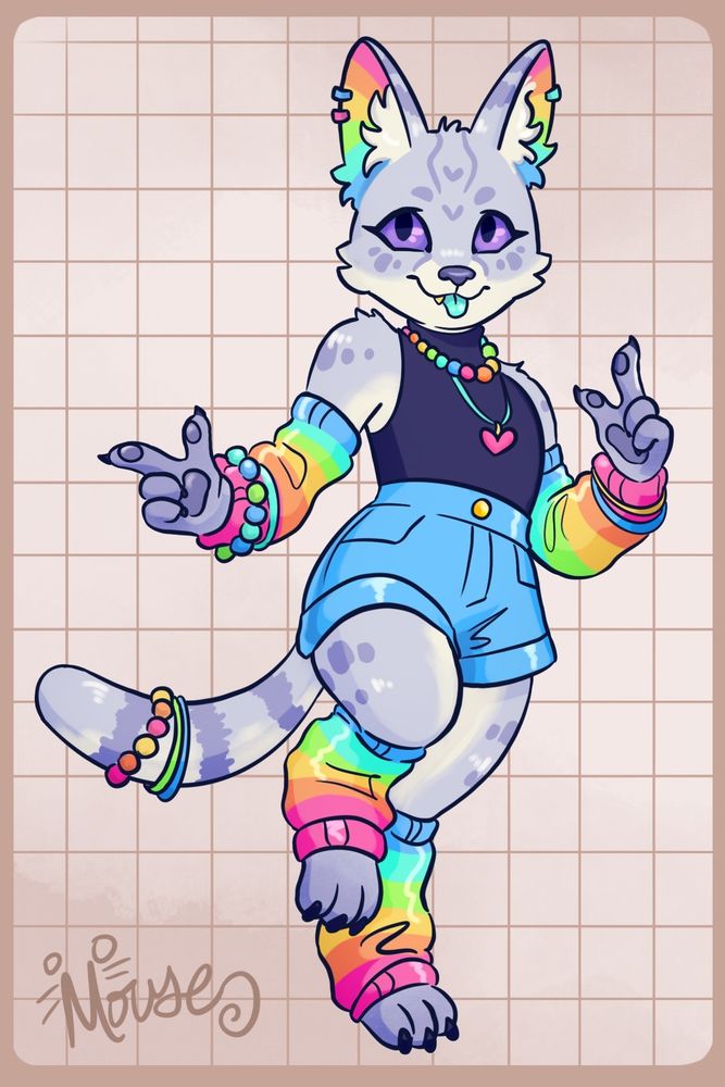 Art of an anthropomorphic grey serval with rainbow leg and arm warmers. 