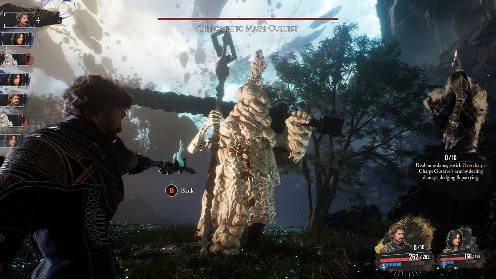 Gustav and Luna vs a Chromatic Mage Cultist. His moves had no sound. He could swipe his big sword or cast explosion magic with his staff. Every round he would give 2 shields + haste + shell to the enemy team.