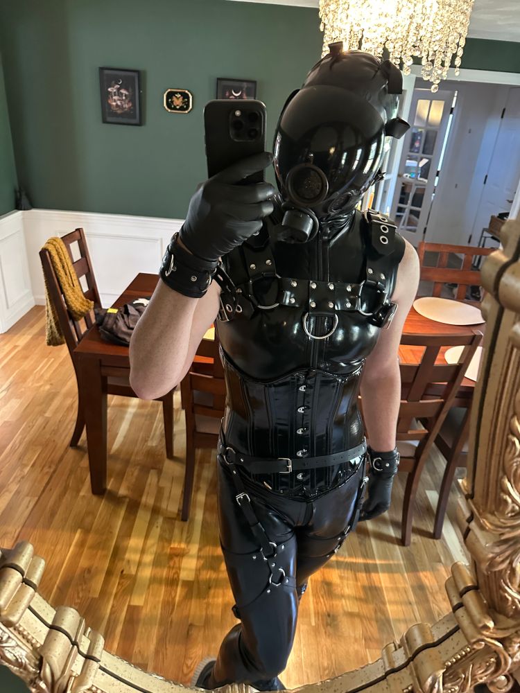 A rubber drone in sleeveless latex catsuit, harnesses, corset, mask, and gloves poses in front of a mirror. 