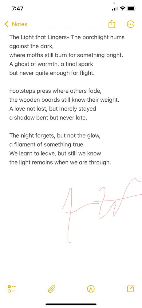 This poem reflects on love, memory, and presence that remains long after people are gone. It’s quiet and tender—about how some lights, both literal and emotional, stay with us even when everything else moves on.

⸻

The Light that Lingers
The porchlight hums against the dark,
where moths still burn for something bright.
A ghost of warmth, a final spark
but never quite enough for flight.

Footsteps press where others fade,
the wooden boards still know their weight.
A love not lost, but merely stayed
a shadow bent but never late.

The night forgets, but not the glow,
a filament of something true.
We learn to leave, but still we know
the light remains when we are through.