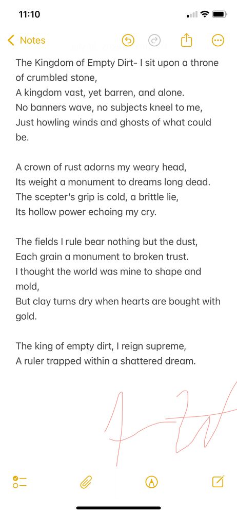 This poem explores the illusion of power, the loneliness of ambition, and what remains when dreams rot from the inside. It’s about chasing greatness only to find yourself alone atop something broken. A reflection on what we sacrifice to rule — and what rules us in return.

⸻

The Kingdom of Empty Dirt
I sit upon a throne of crumbled stone,
A kingdom vast, yet barren, and alone.
No banners wave, no subjects kneel to me,
Just howling winds and ghosts of what could be.

A crown of rust adorns my weary head,
Its weight a monument to dreams long dead.
The scepter’s grip is cold, a brittle lie,
Its hollow power echoing my cry.

The fields I rule bear nothing but the dust,
Each grain a monument to broken trust.
I thought the world was mine to shape and mold,
But clay turns dry when hearts are bought with gold.

The king of empty dirt, I reign supreme,
A ruler trapped within a shattered dream.