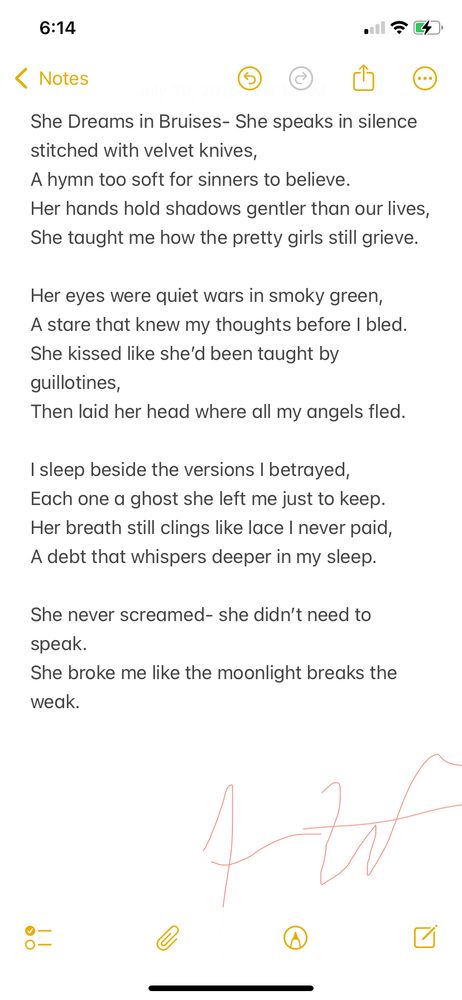This poem explores the quiet power and pain carried by women who’ve been broken and still offer love. It’s about someone who taught me the beauty and grief woven into silence—the way softness can still destroy you. It’s also about guilt, memory, and the ghosts we don’t get to forget.


She Dreams in Bruises
She speaks in silence stitched with velvet knives,
A hymn too soft for sinners to believe.
Her hands hold shadows gentler than our lives,
She taught me how the pretty girls still grieve.

Her eyes were quiet wars in smoky green,
A stare that knew my thoughts before I bled.
She kissed like she’d been taught by guillotines,
Then laid her head where all my angels fled.

I sleep beside the versions I betrayed,
Each one a ghost she left me just to keep.
Her breath still clings like lace I never paid,
A debt that whispers deeper in my sleep.

She never screamed- she didn’t need to speak.
She broke me like the moonlight breaks the weak.

