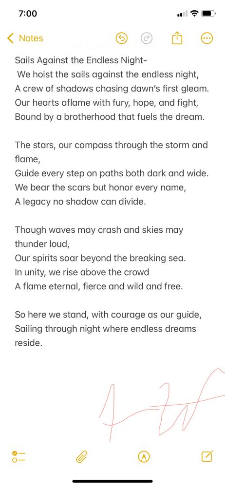 This piece is about resilience, unity, and carrying each other through dark times. I wrote it with the idea that even when the world feels endless in its chaos, we can still chart a course forward together—scarred, fierce, and unbreakable.

Sails Against the Endless Night

We hoist the sails against the endless night,
A crew of shadows chasing dawn’s first gleam.
Our hearts aflame with fury, hope, and fight,
Bound by a brotherhood that fuels the dream.

The stars, our compass through the storm and flame,
Guide every step on paths both dark and wide.
We bear the scars but honor every name,
A legacy no shadow can divide.

Though waves may crash and skies may thunder loud,
Our spirits soar beyond the breaking sea.
In unity, we rise above the crowd,
A flame eternal, fierce and wild and free.

So here we stand, with courage as our guide,
Sailing through night where endless dreams reside.