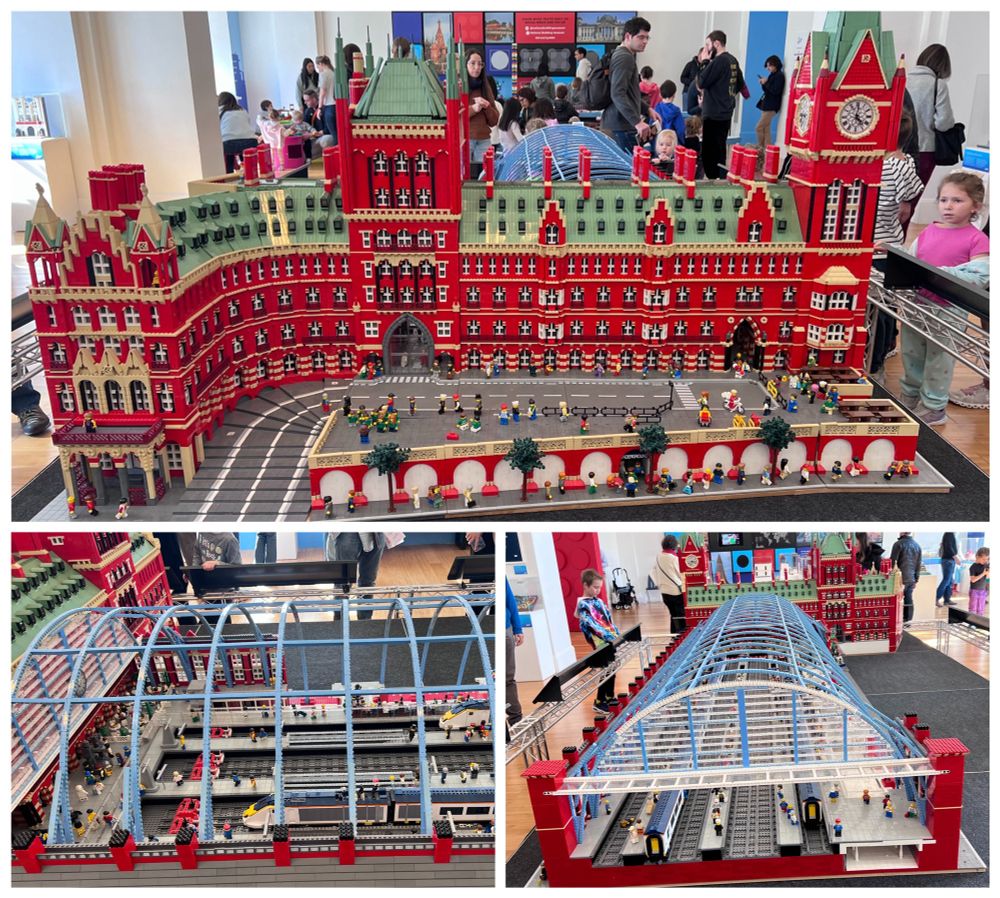 A collage of three angles of the Lego Pancras Station: from the front, side and back showing the trains